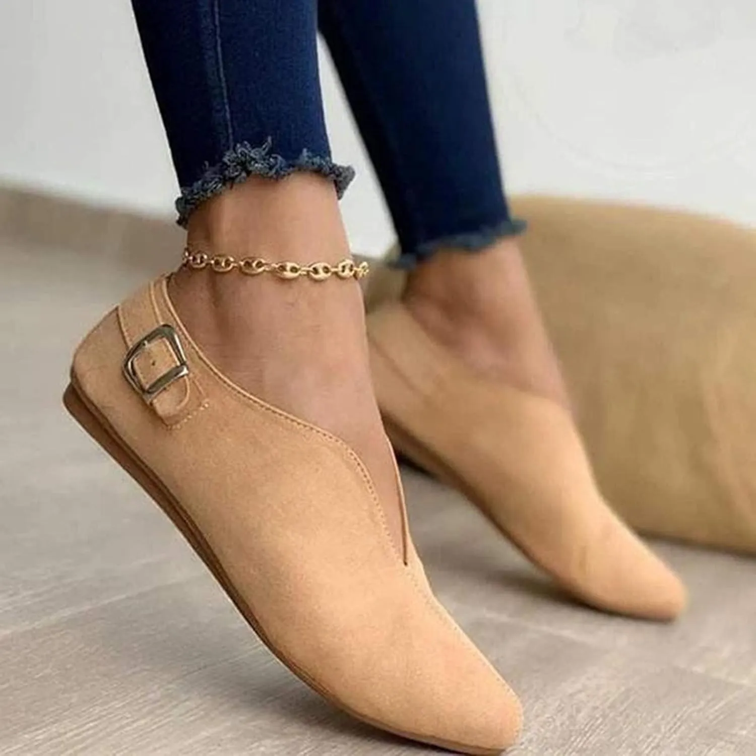 Buckle Pointed Flock Shoes Loafers Strap Toe Women's Summer Casual Women's Casual Shoes Casual Soccer Shoes