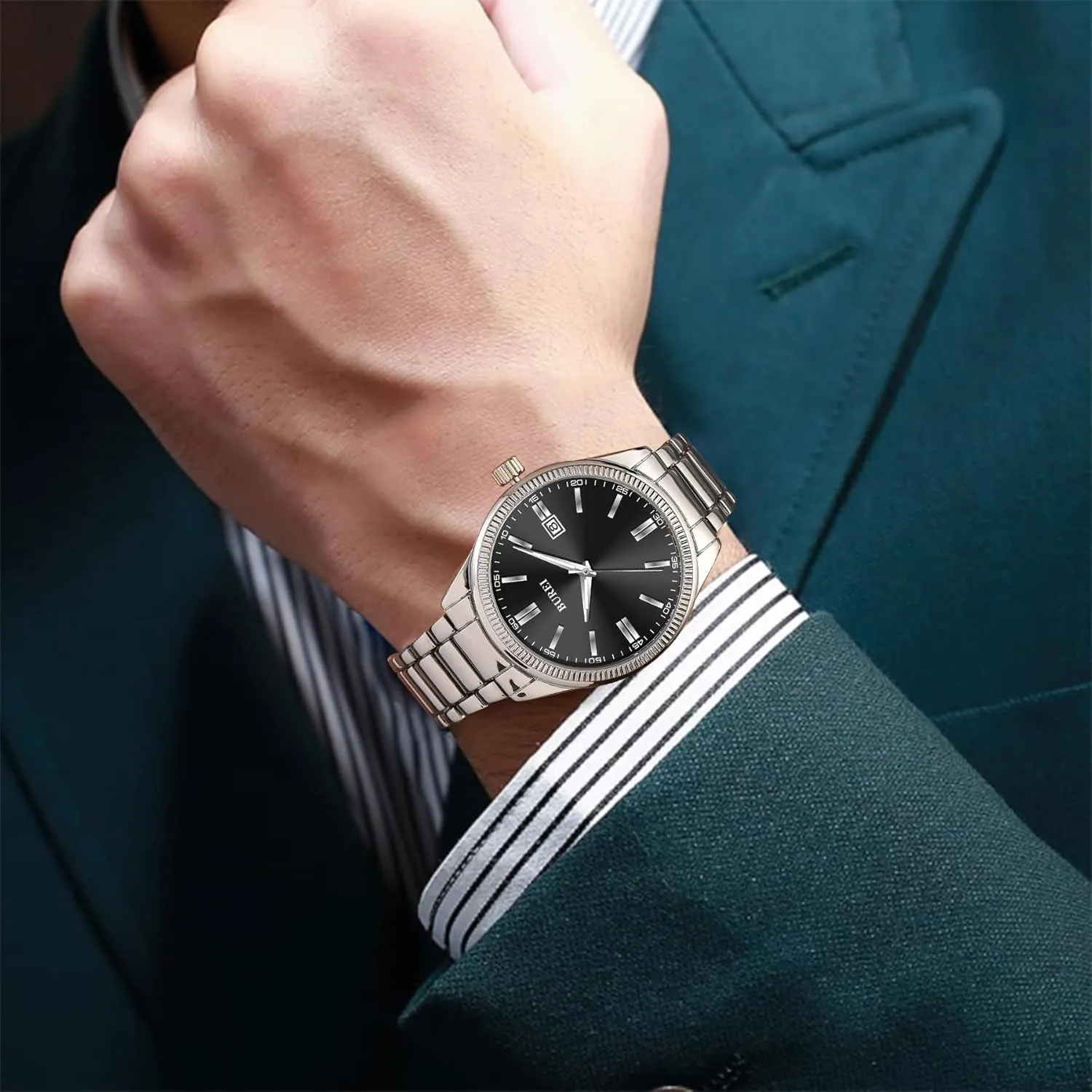 BUREI Men Watches Fashion Business Watch Silver Analog Stainless Steel Quartz Waterproof Watches for Men,Gifts for Fathers
