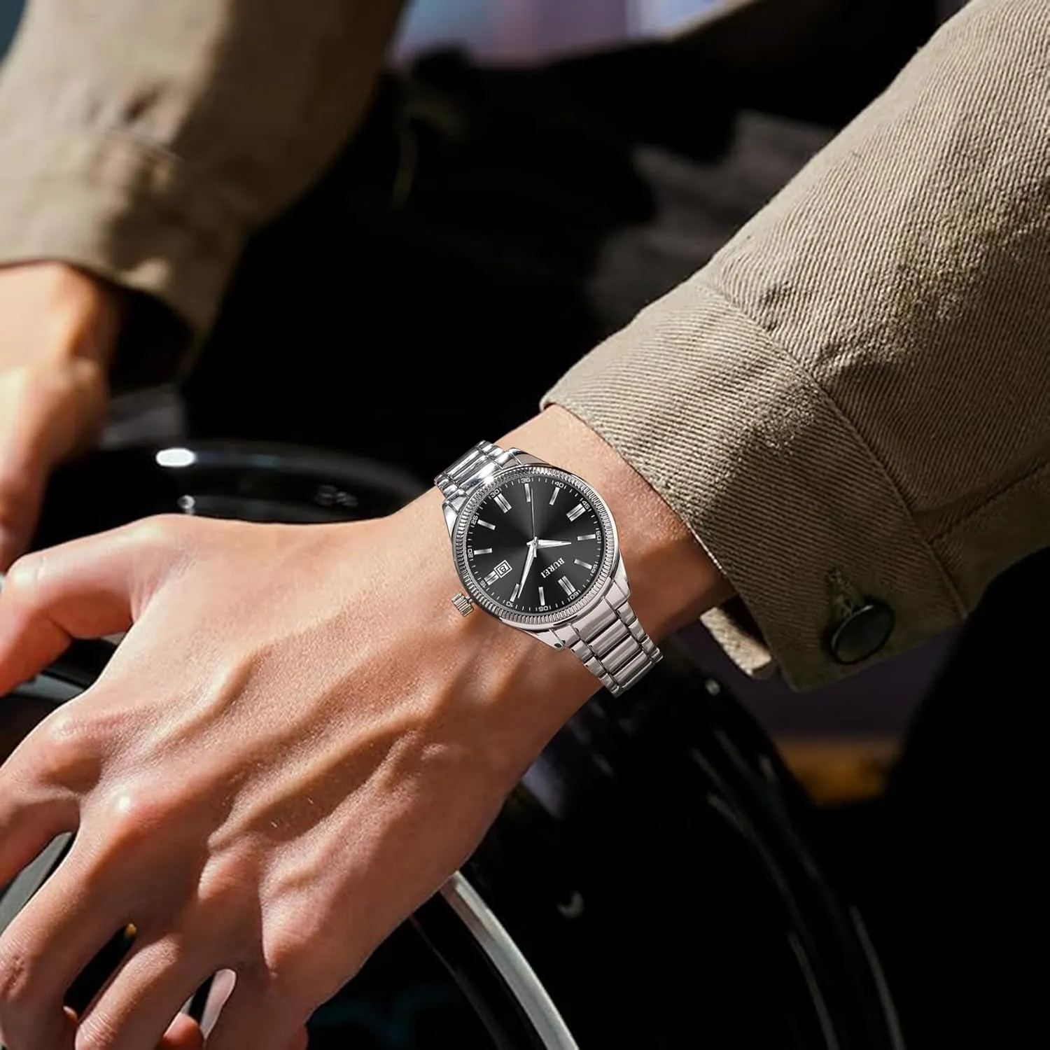 BUREI Men Watches Fashion Business Watch Silver Analog Stainless Steel Quartz Waterproof Watches for Men,Gifts for Fathers