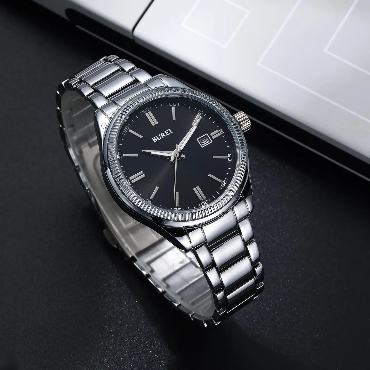 BUREI Men Watches Fashion Business Watch Silver Analog Stainless Steel Quartz Waterproof Watches for Men,Gifts for Fathers