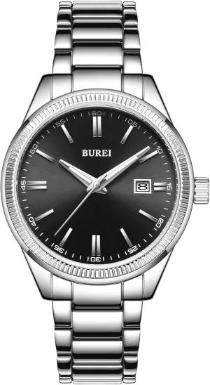 BUREI Men Watches Fashion Business Watch Silver Analog Stainless Steel Quartz Waterproof Watches for Men,Gifts for Fathers