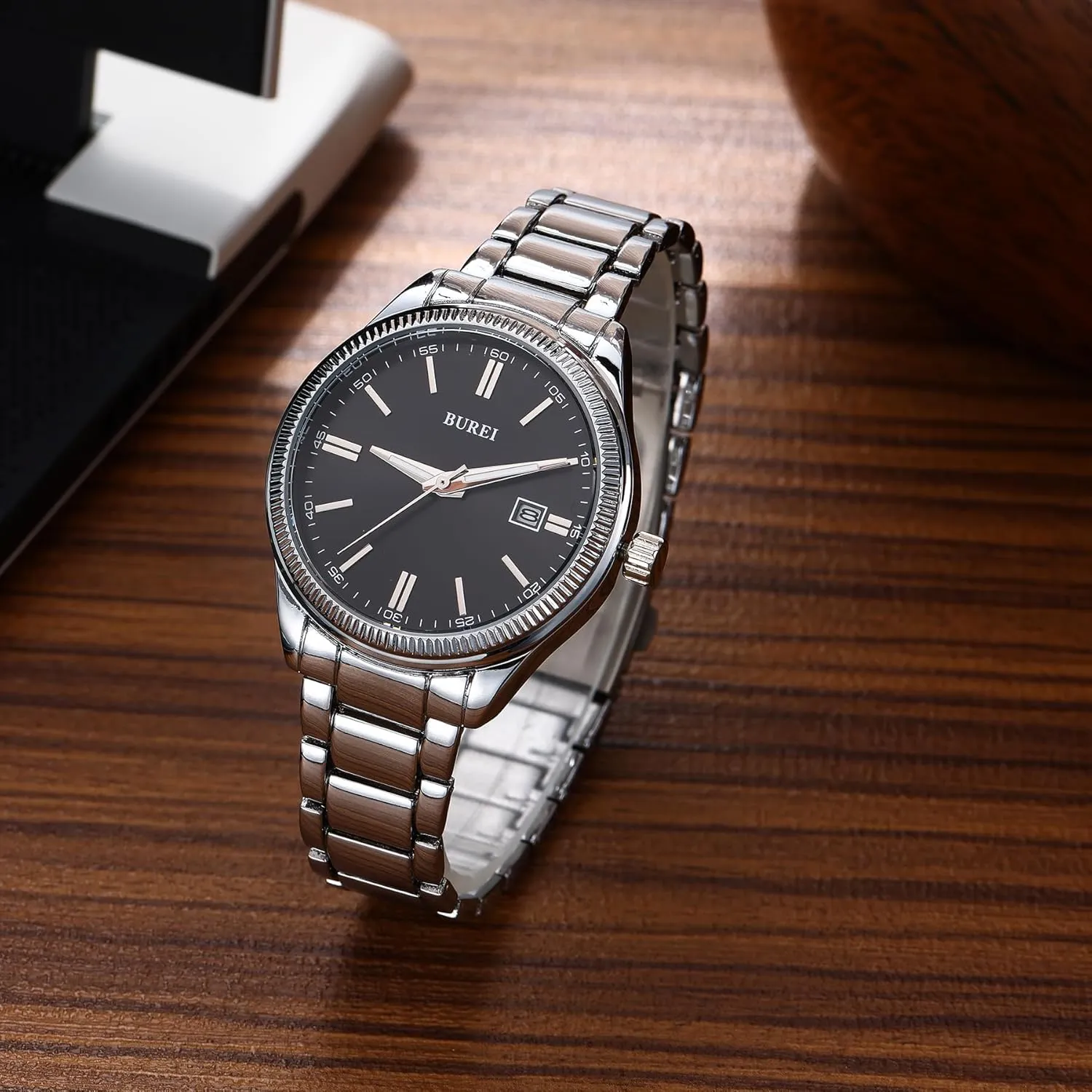 BUREI Men Watches Fashion Business Watch Silver Analog Stainless Steel Quartz Waterproof Watches for Men,Gifts for Fathers