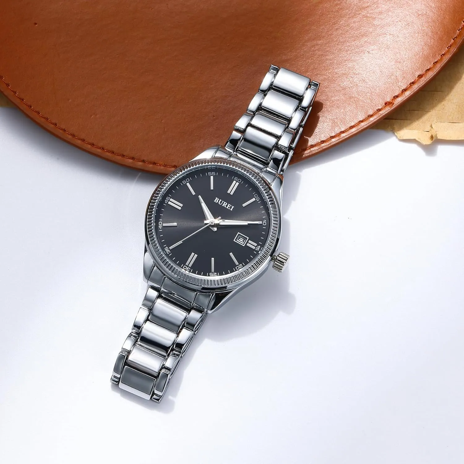 BUREI Men Watches Fashion Business Watch Silver Analog Stainless Steel Quartz Waterproof Watches for Men,Gifts for Fathers