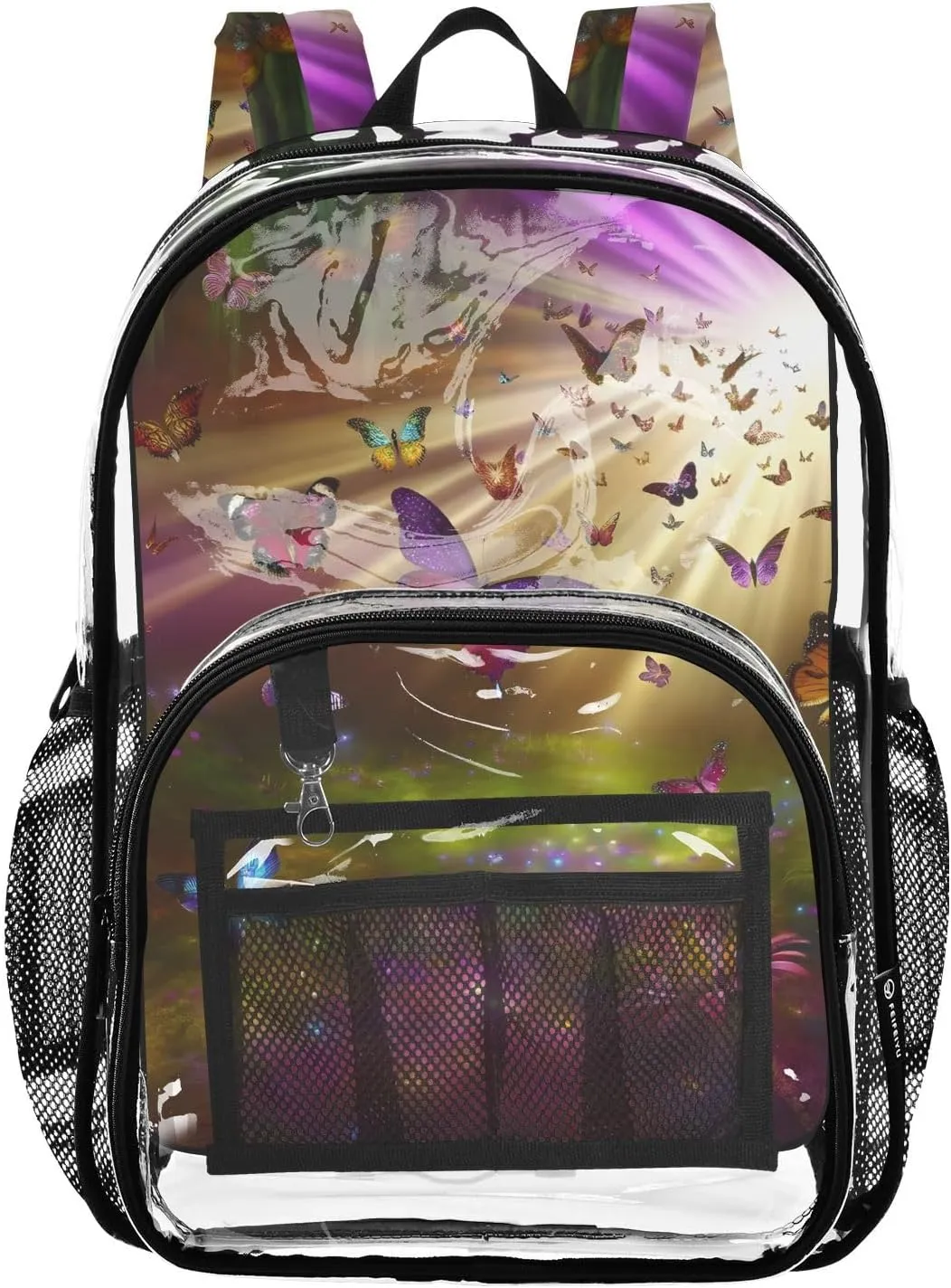 Butterflies in Enchanted Landscape Clear Plastic Backpack - Transparent PVC Heavy Duty Bag with Large Main Pocket and Mesh Pockets - Ideal for School, Travel, Outings - Clear Backpack for Every