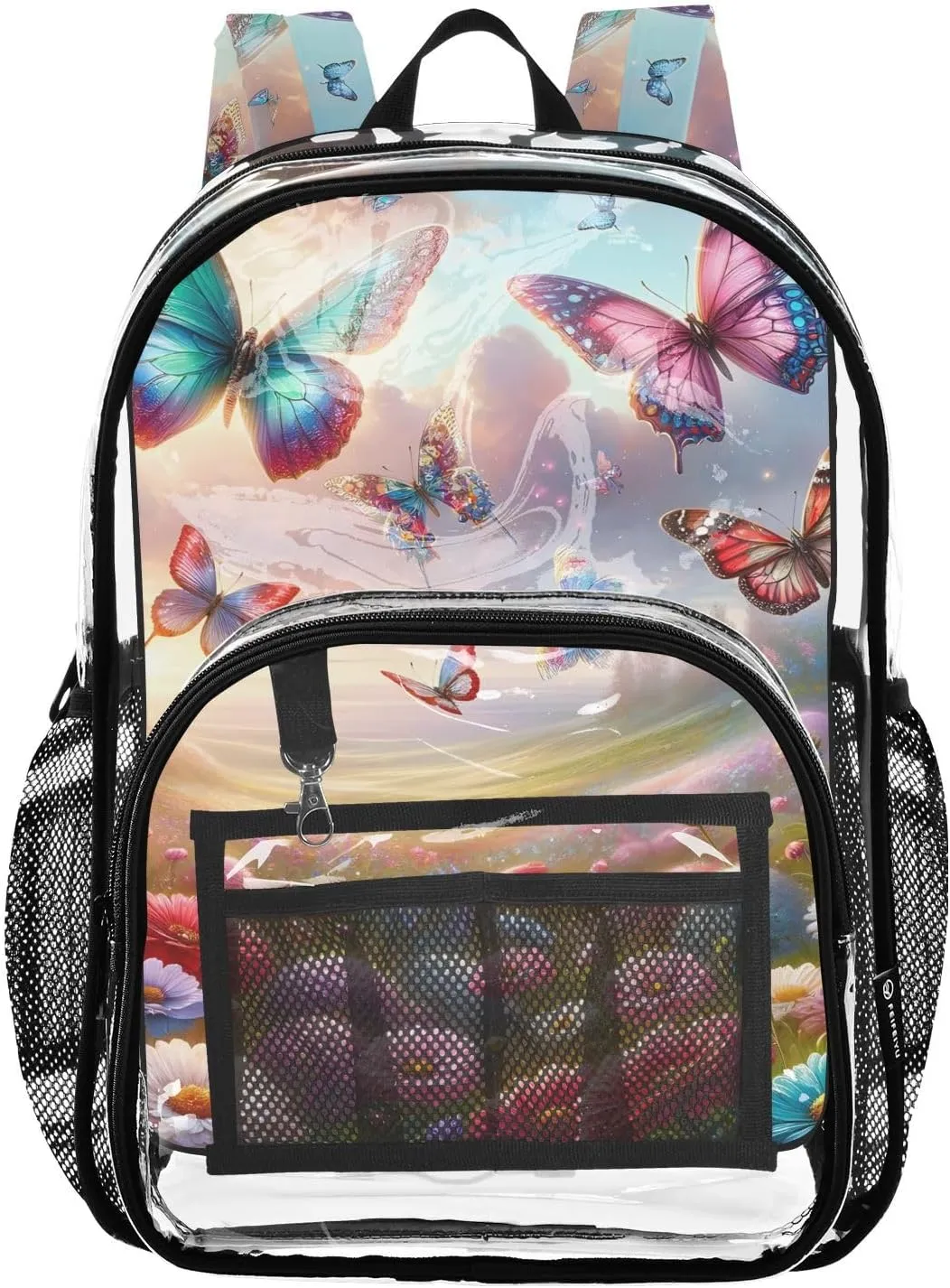 Butterflies in Vibrant Landscape Clear Plastic Backpack - Transparent PVC Heavy Duty Bag with Large Main Pocket and Mesh Pockets - Ideal for School, Travel, Outings - Clear Backpack for Everyda