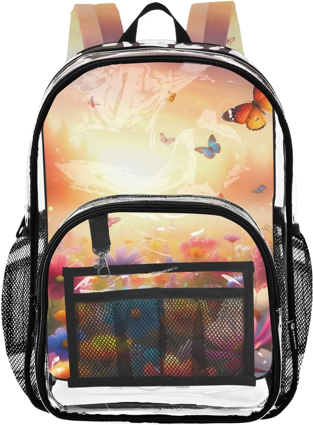 Butterfly Flying Among Flowers Clear Plastic Backpack - Transparent PVC Heavy Duty Bag with Large Main Pocket and Mesh Pockets - Ideal for School, Travel, Outings - Clear Backpack for Everyday