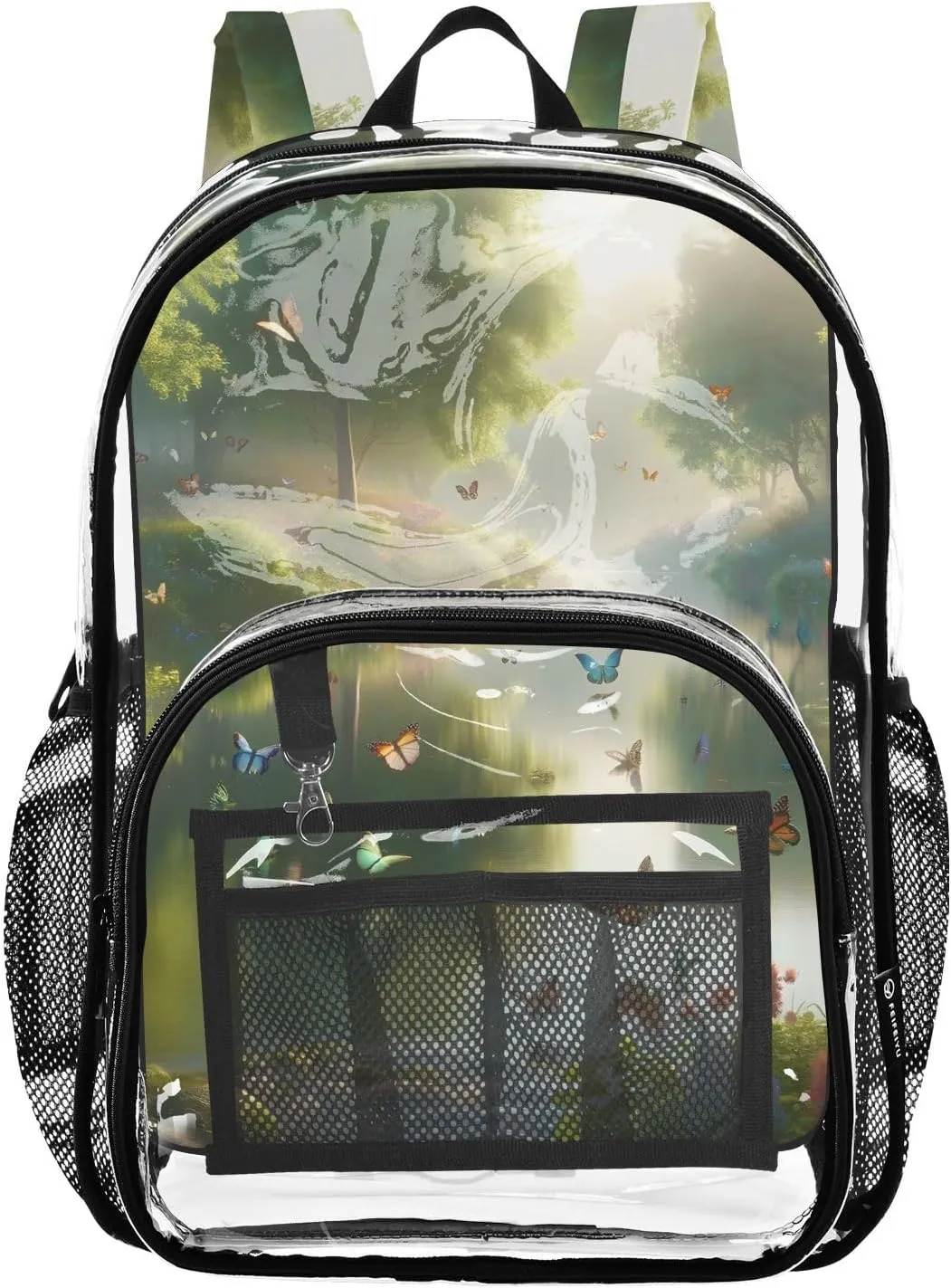 Butterfly in Vibrant Landscape Clear Plastic Backpack - Transparent PVC Heavy Duty Bag with Large Main Pocket and Mesh Pockets - Ideal for School, Travel, Outings - Clear Backpack for Everyday