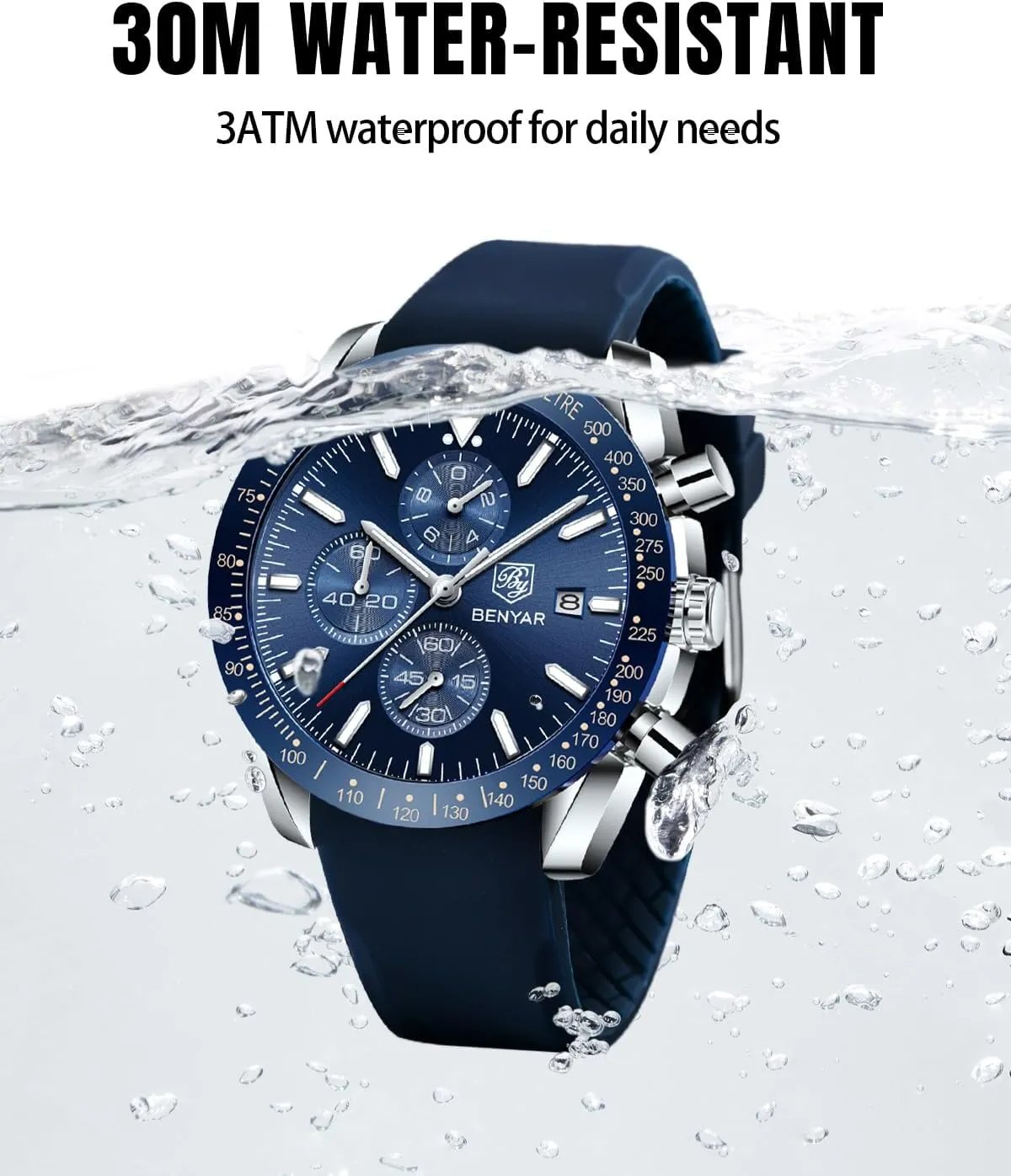 BY BENYAR Watch for Men Analog Quartz Chronograph Waterproof Luminous Designer Mens Wrist Watches Business Work Sport Casual Dress Watch with Silicone Strap Elegant Gifts for Men