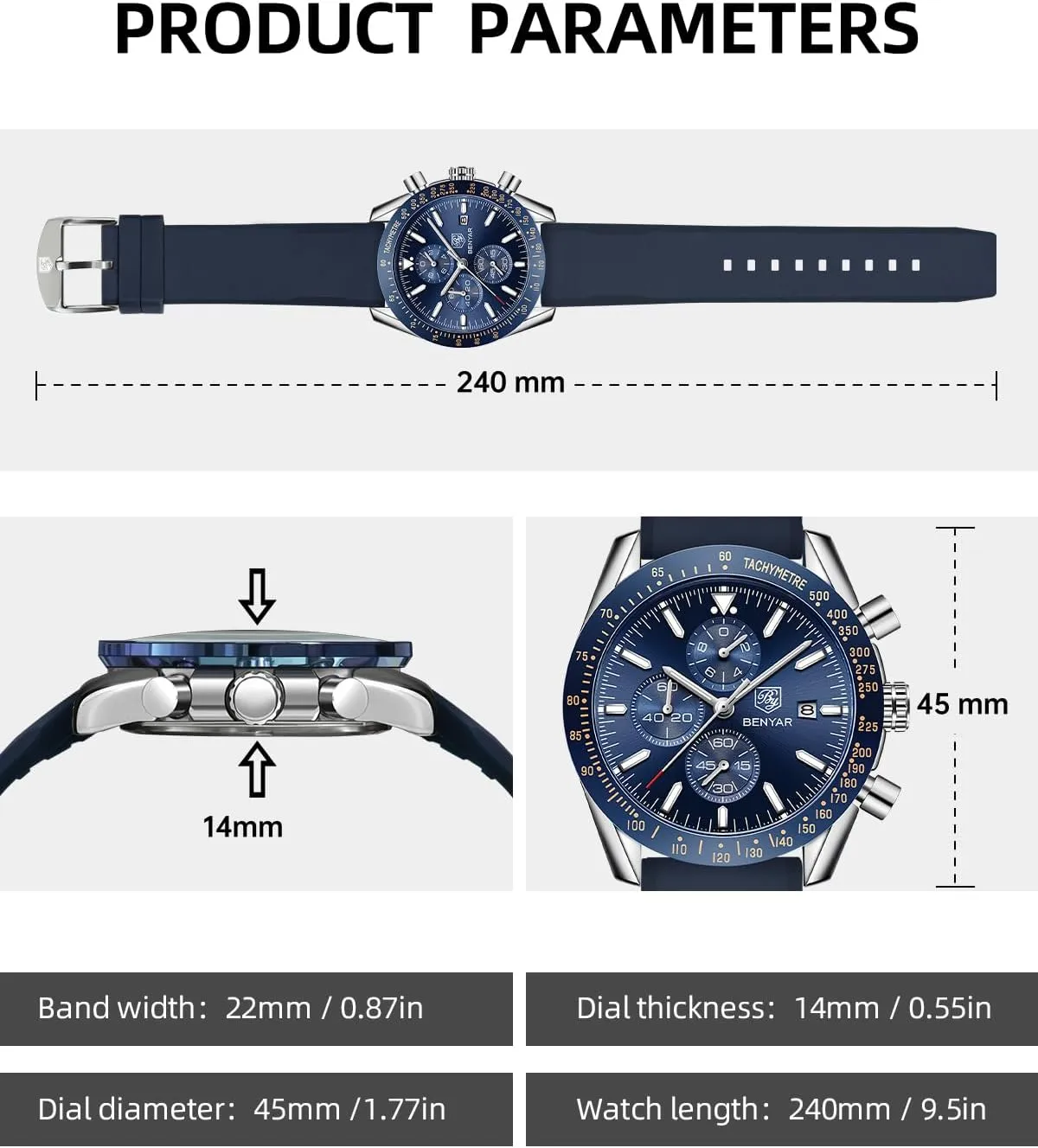 BY BENYAR Watch for Men Analog Quartz Chronograph Waterproof Luminous Designer Mens Wrist Watches Business Work Sport Casual Dress Watch with Silicone Strap Elegant Gifts for Men