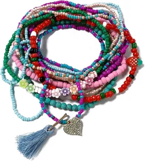 Caiyao 12 Pieces Colorful Elastic Beaded Anklets for Women Girls Handmade Beach Boho Colorful Beads Tassel Heart Flower Layered Anklets Set