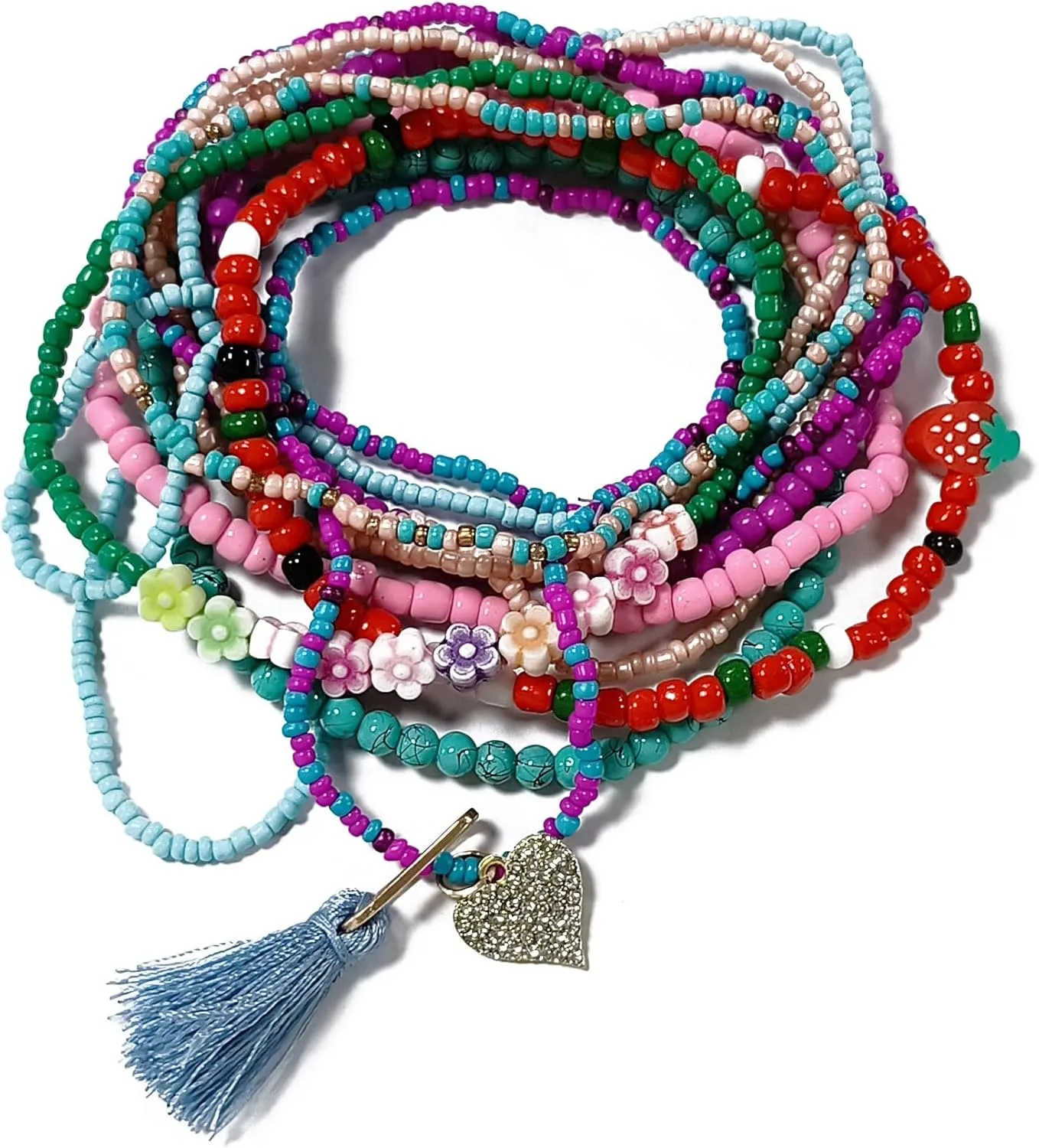 Caiyao 12 Pieces Colorful Elastic Beaded Anklets for Women Girls Handmade Beach Boho Colorful Beads Tassel Heart Flower Layered Anklets Set