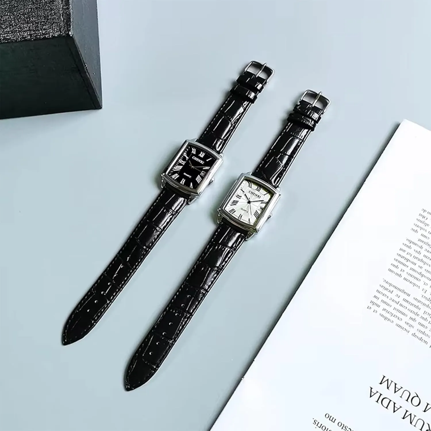 CARLIEN Men's Women's Fashion Casual Couple Square Watches Leather Band Lover's Watch Roman Numerals Calendar 3-Hand Analog Quartz Waterproof Elegant Dress Wristwatches