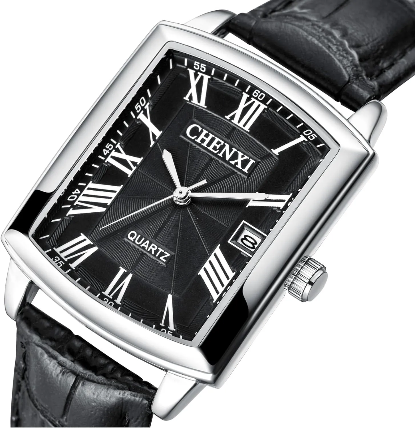 CARLIEN Men's Women's Fashion Casual Couple Square Watches Leather Band Lover's Watch Roman Numerals Calendar 3-Hand Analog Quartz Waterproof Elegant Dress Wristwatches
