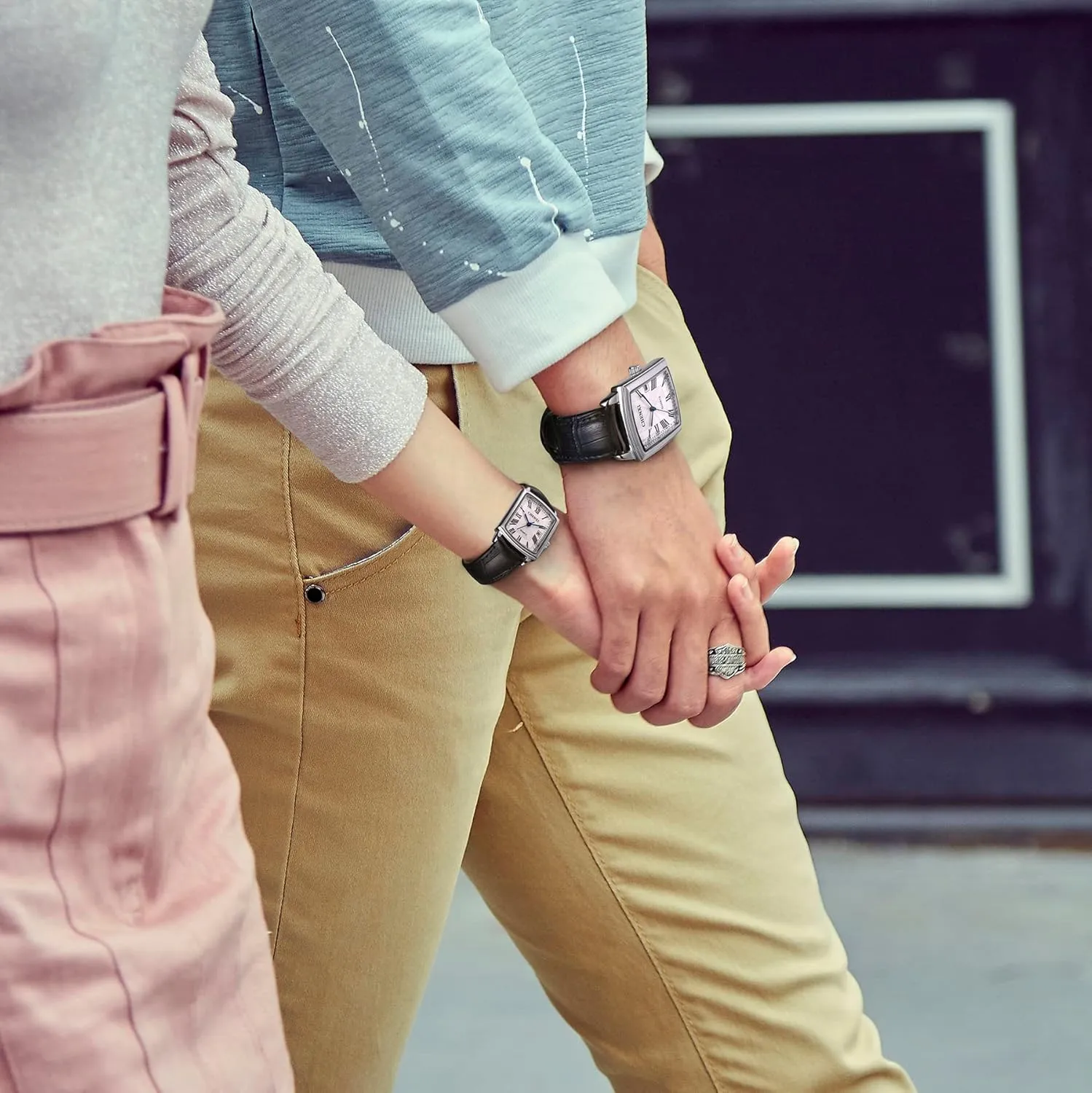 CARLIEN Men's Women's Fashion Casual Couple Square Watches Leather Band Lover's Watch Roman Numerals Calendar 3-Hand Analog Quartz Waterproof Elegant Dress Wristwatches