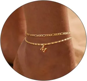 CAROVO Initial Ankle Bracelets for Women 14K Gold Plated Anklets Letter A To Z Waterproof Layered Anklets for Women Summer Jewelry Gifts
