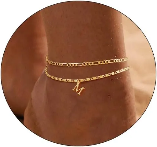CAROVO Initial Ankle Bracelets for Women 14K Gold Plated Anklets Letter A To Z Waterproof Layered Anklets for Women Summer Jewelry Gifts
