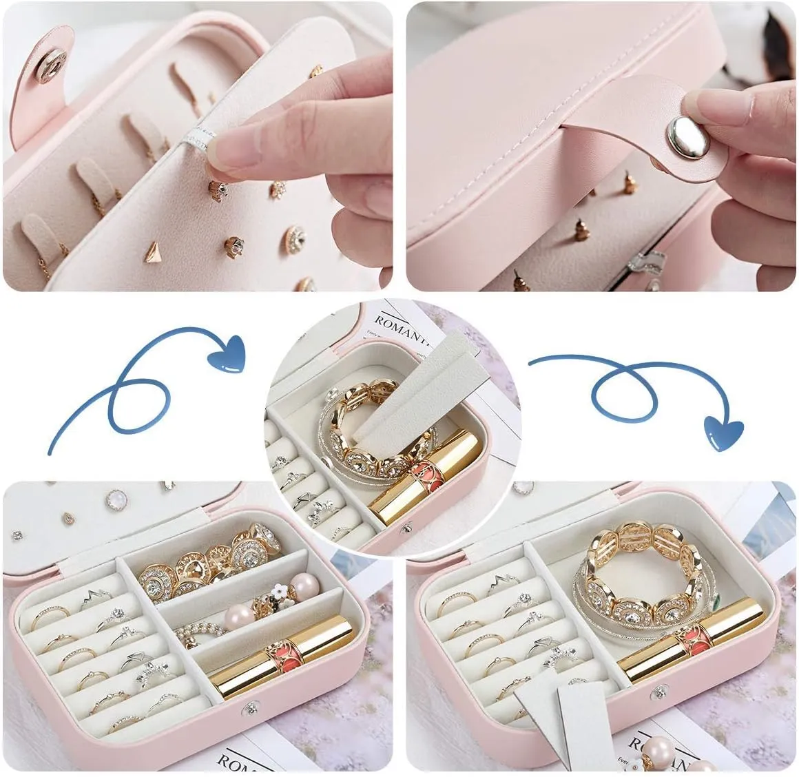 CASEGRACE Jewelry Box For Women Travel Jewelry Organizer Double Layer for Necklace Earring Rings Jewelry Holder Case