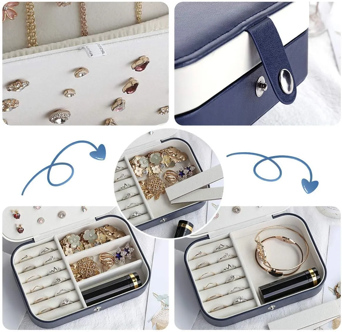 CASEGRACE Jewelry Box For Women Travel Jewelry Organizer Double Layer for Necklace Earring Rings Jewelry Holder Case