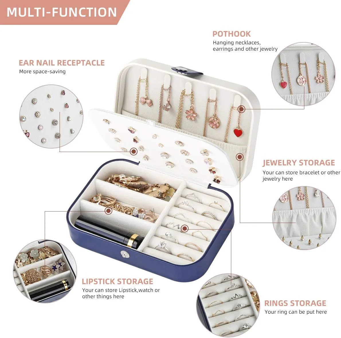 CASEGRACE Jewelry Box For Women Travel Jewelry Organizer Double Layer for Necklace Earring Rings Jewelry Holder Case