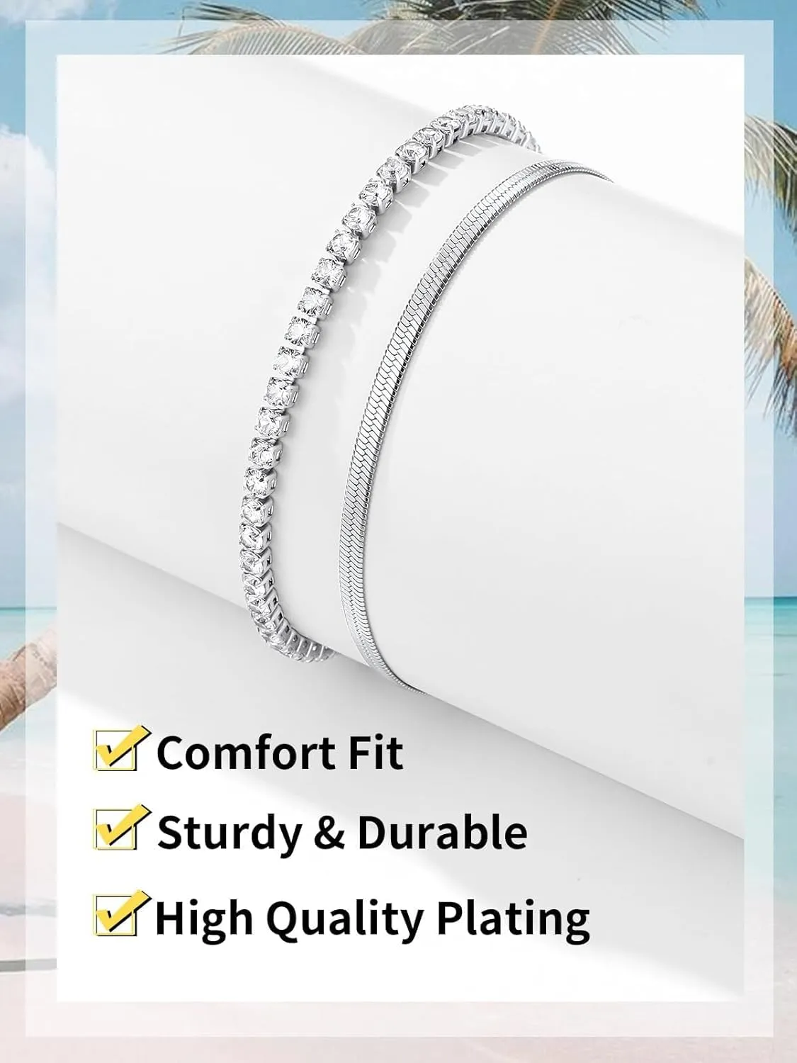 ChainsHouse Anklet Bracelets for Women, Gold Plated/Stainless Steel Layered Waterproof Anklets Cubic Zirconia Snake Cuban Chain Anklets Set for Women Summer Beach Jewelry Gifts