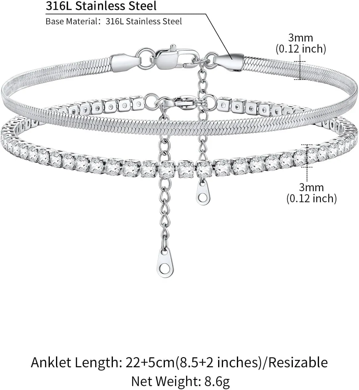 ChainsHouse Anklet Bracelets for Women, Gold Plated/Stainless Steel Layered Waterproof Anklets Cubic Zirconia Snake Cuban Chain Anklets Set for Women Summer Beach Jewelry Gifts