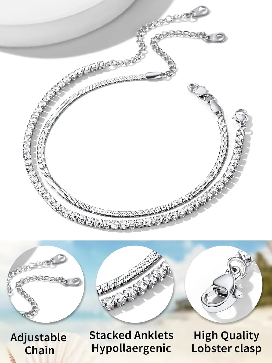 ChainsHouse Anklet Bracelets for Women, Gold Plated/Stainless Steel Layered Waterproof Anklets Cubic Zirconia Snake Cuban Chain Anklets Set for Women Summer Beach Jewelry Gifts