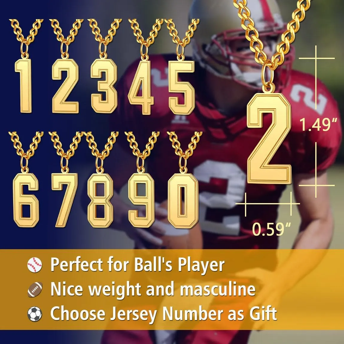 ChainsPro Can Engrave, Men 0-9 Jersey Number Necklace-Adjustable Chain, Baseball/Basketball/Football Team Jewelry, 316L Stainless Steel/Gold Plated-Send Gift Box