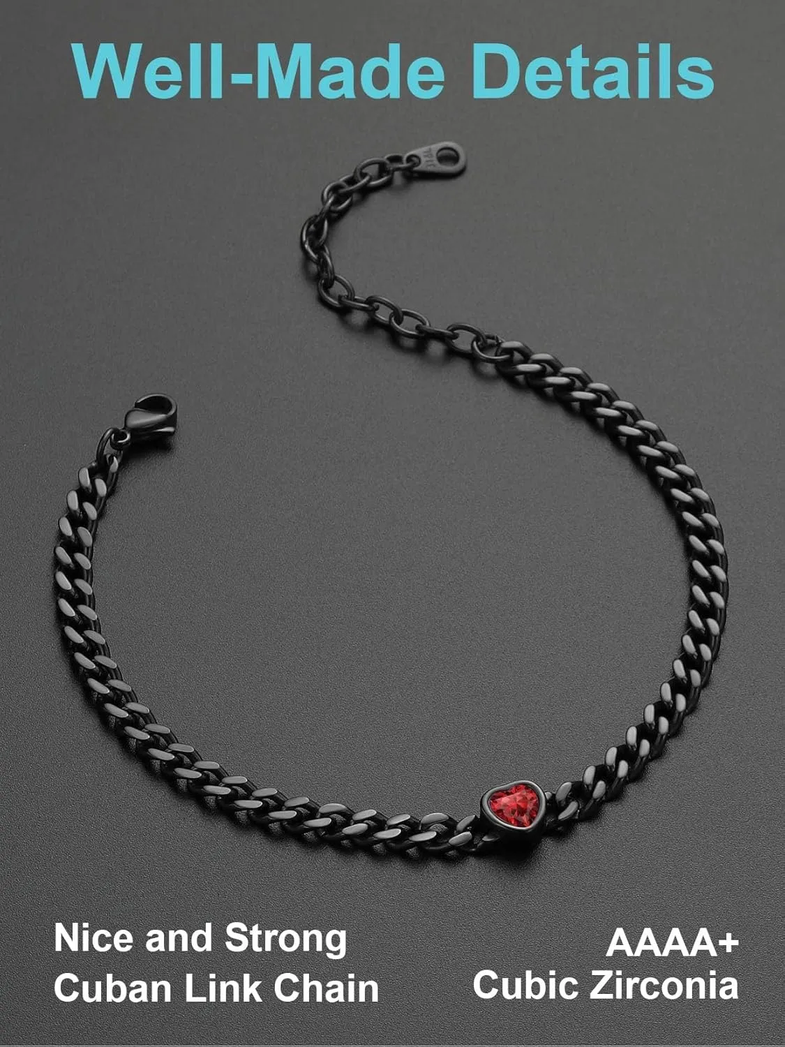 ChainsProMax Women Heart Anklets 5MM Cuban Link Ankle Bracelet with Birthstone, Black-Send Gift Box