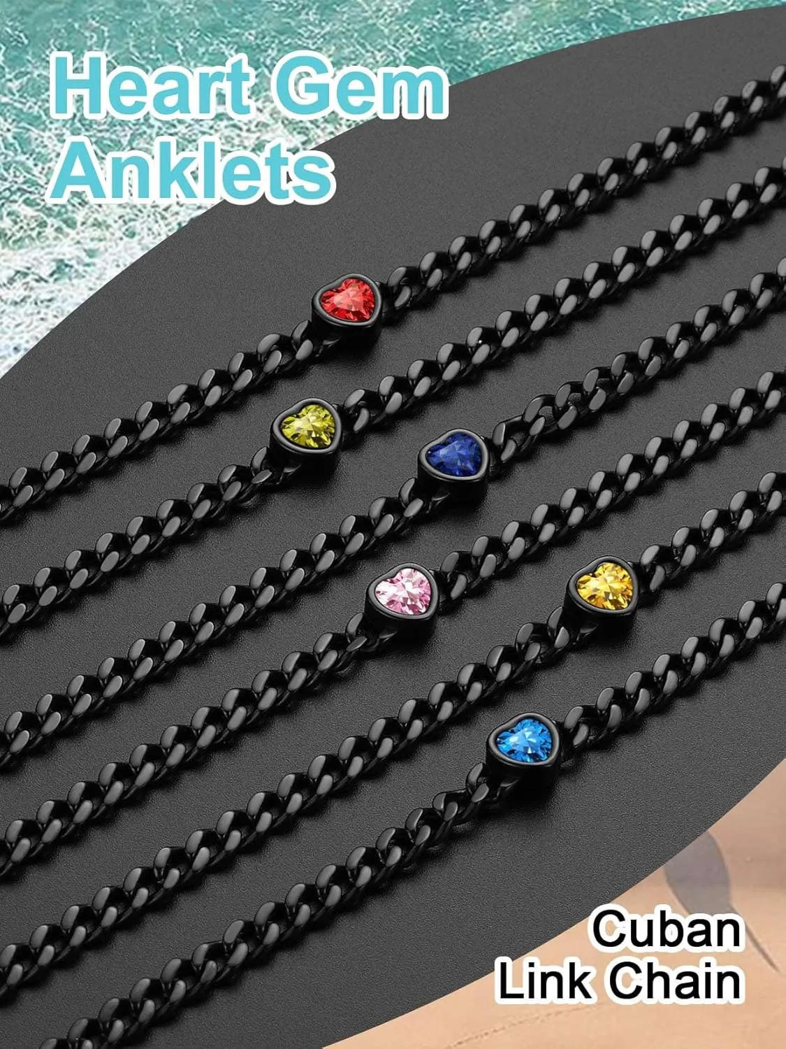 ChainsProMax Women Heart Anklets 5MM Cuban Link Ankle Bracelet with Birthstone, Black-Send Gift Box