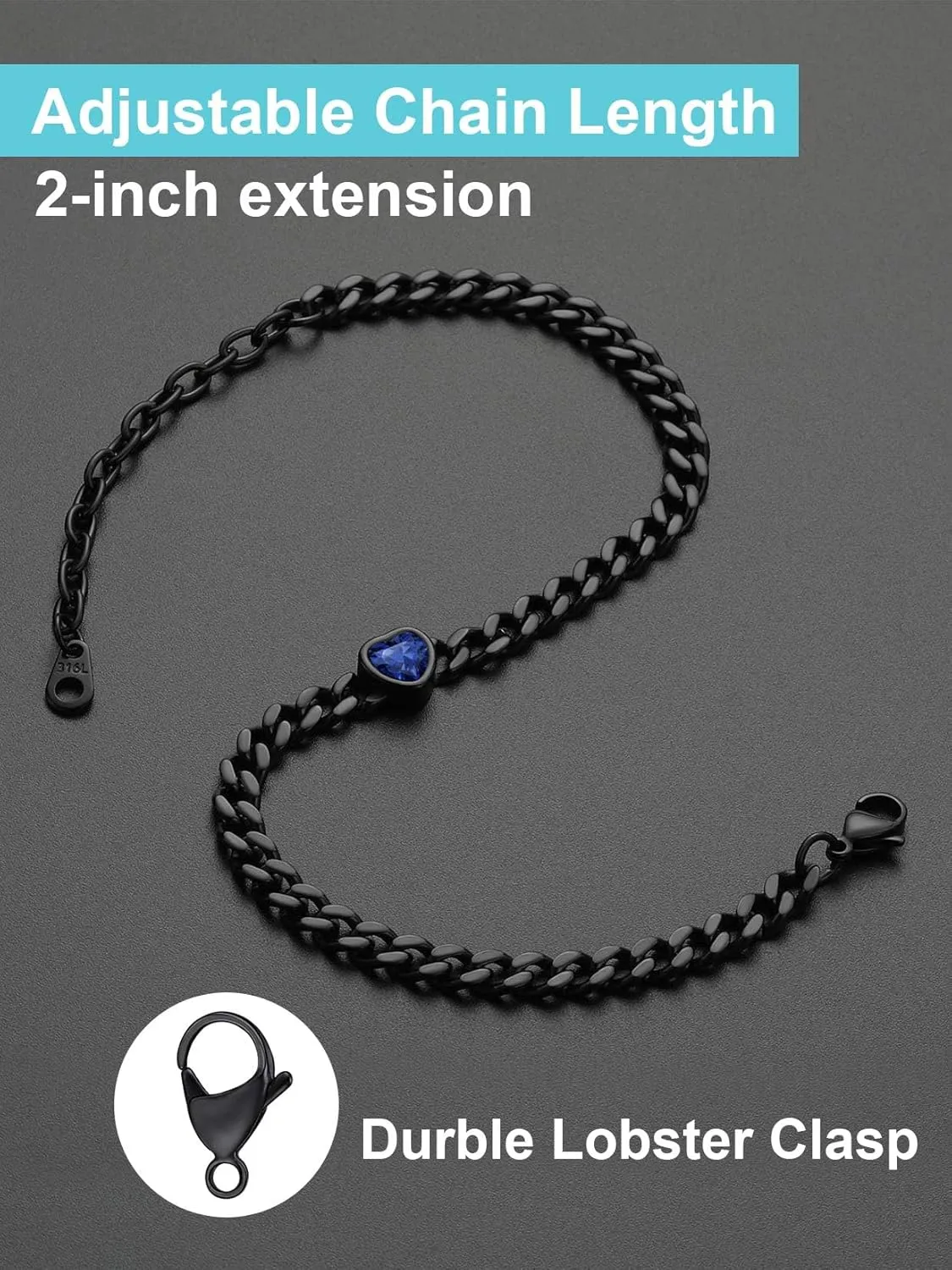 ChainsProMax Women Heart Anklets 5MM Cuban Link Ankle Bracelet with Birthstone, Black-Send Gift Box