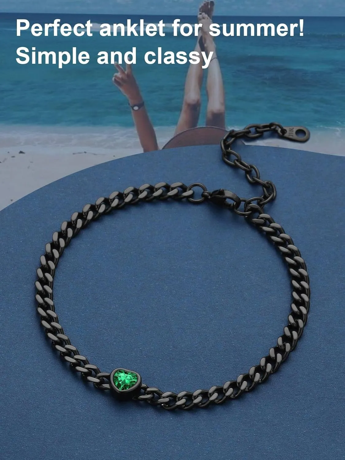 ChainsProMax Women Heart Anklets 5MM Cuban Link Ankle Bracelet with Birthstone, Black-Send Gift Box