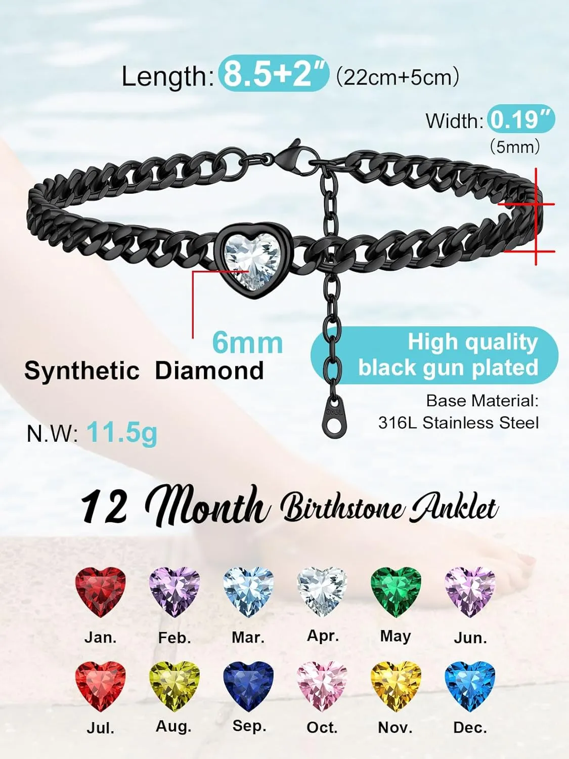 ChainsProMax Women Heart Anklets 5MM Cuban Link Ankle Bracelet with Birthstone, Black-Send Gift Box