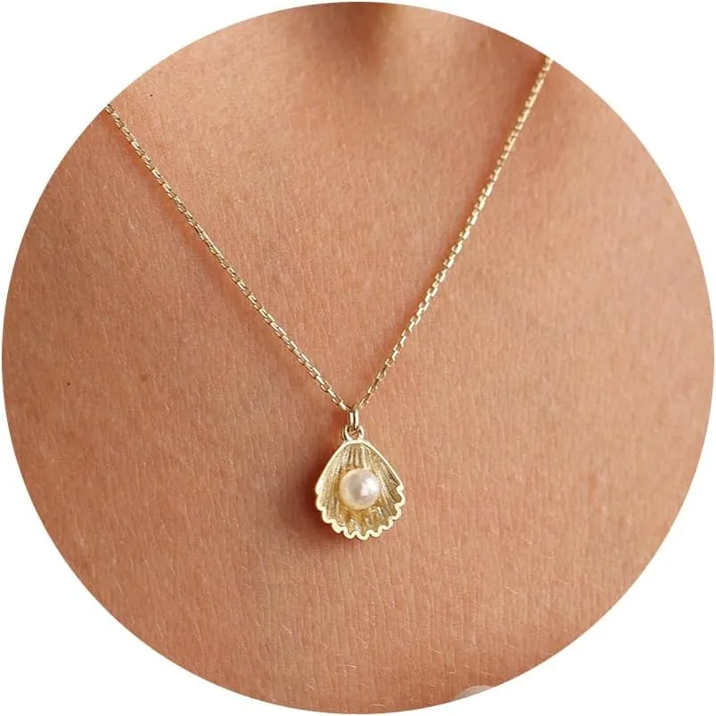 Charm Necklace-14K Gold/Silver Plated Charm Necklace Shell Conch Shell Turtle Starfish Coconut Tree Pearl Necklace Summe Beach Necklaces for Women Dainty Simple Jewelry for Women