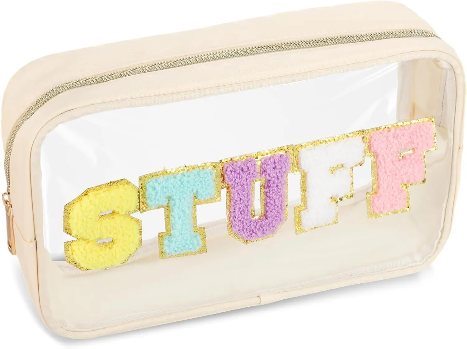 Chenille Letter Bag Stuff Makeup Bag, Clear Makeup Bag, Large Clear Travel Makeup Pouch with Zipper, Transparent PVC Waterproof Toiletry Organizer Storage for Women Men (Beige)