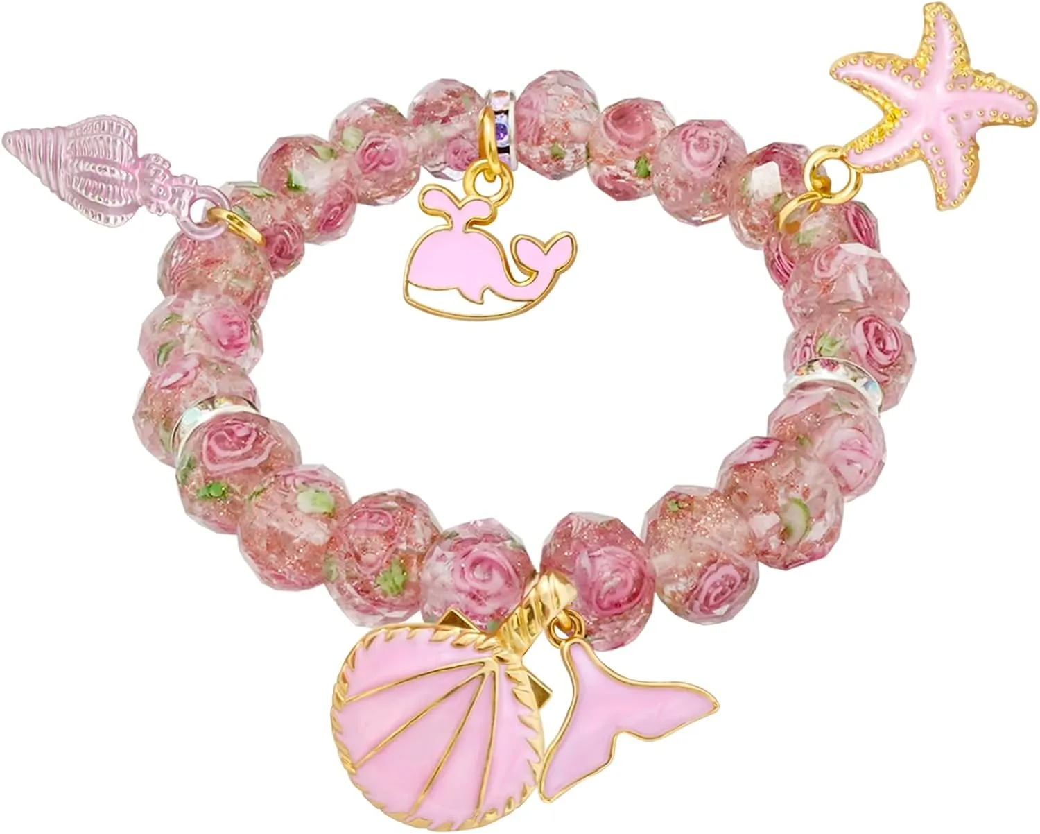 Cherry Blomssom Bracelet for Women, Crystal Flowers Beaded Charm Bracelets for Women Cute Pink Heart Charm Crystal Beads Bracelets Adjustable Stretch Bracelet for Birthday Gifts