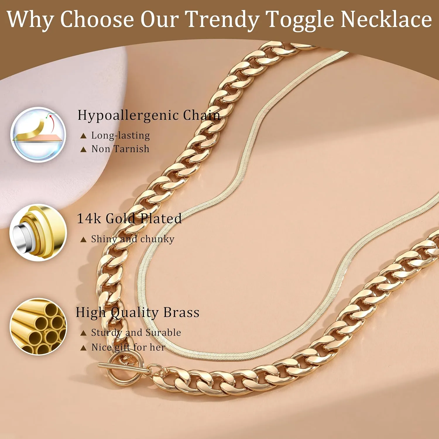 CHESKY Chunky Gold Necklace for Women, Trendy 14K Gold Plated Paperclip Chain Necklace Thick Cross Heart Pendant Necklace Layered Herringbone Cuban Link Chain Toggle Necklaces Non Tarnish Jewelry