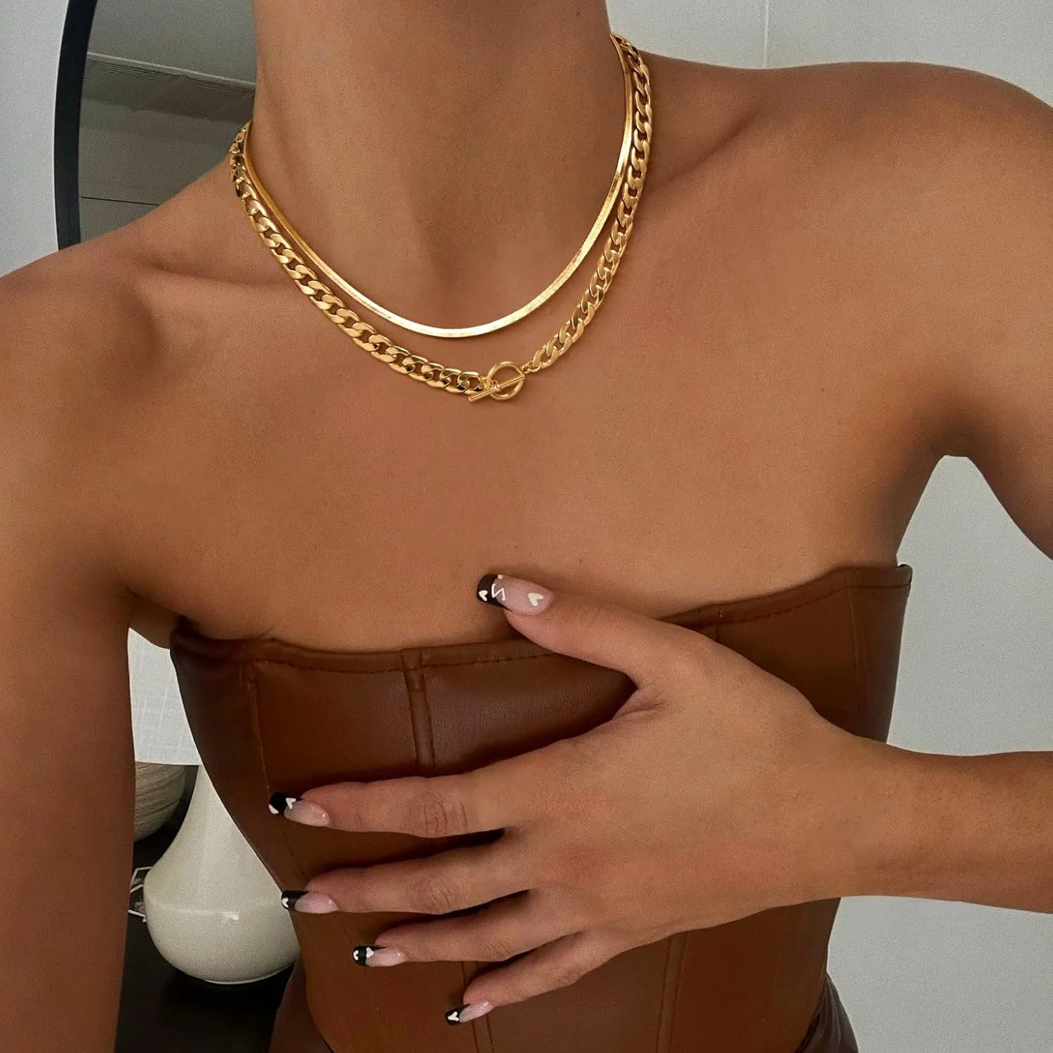 CHESKY Chunky Gold Necklace for Women, Trendy 14K Gold Plated Paperclip Chain Necklace Thick Cross Heart Pendant Necklace Layered Herringbone Cuban Link Chain Toggle Necklaces Non Tarnish Jewelry