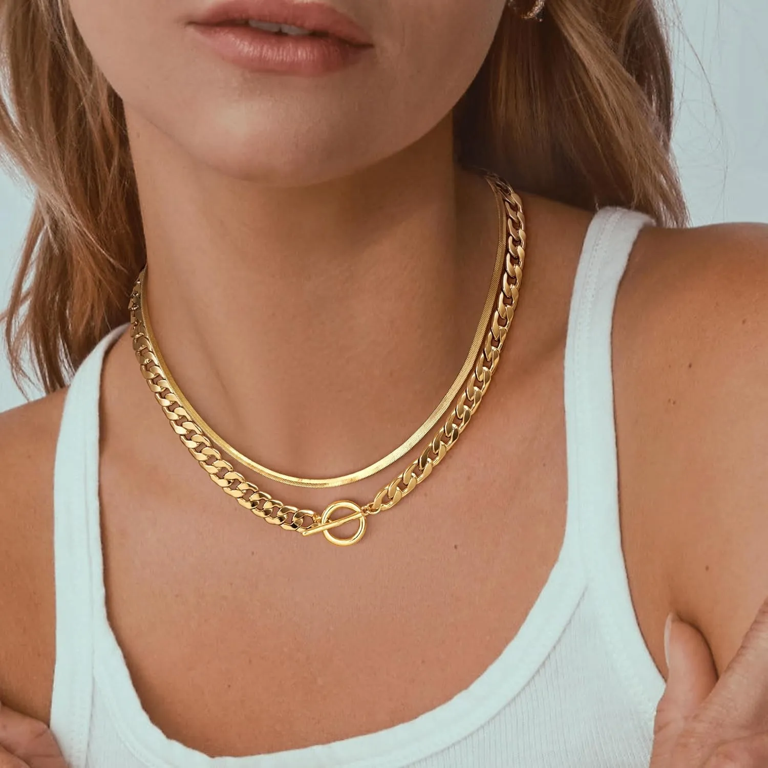 CHESKY Chunky Gold Necklace for Women, Trendy 14K Gold Plated Paperclip Chain Necklace Thick Cross Heart Pendant Necklace Layered Herringbone Cuban Link Chain Toggle Necklaces Non Tarnish Jewelry