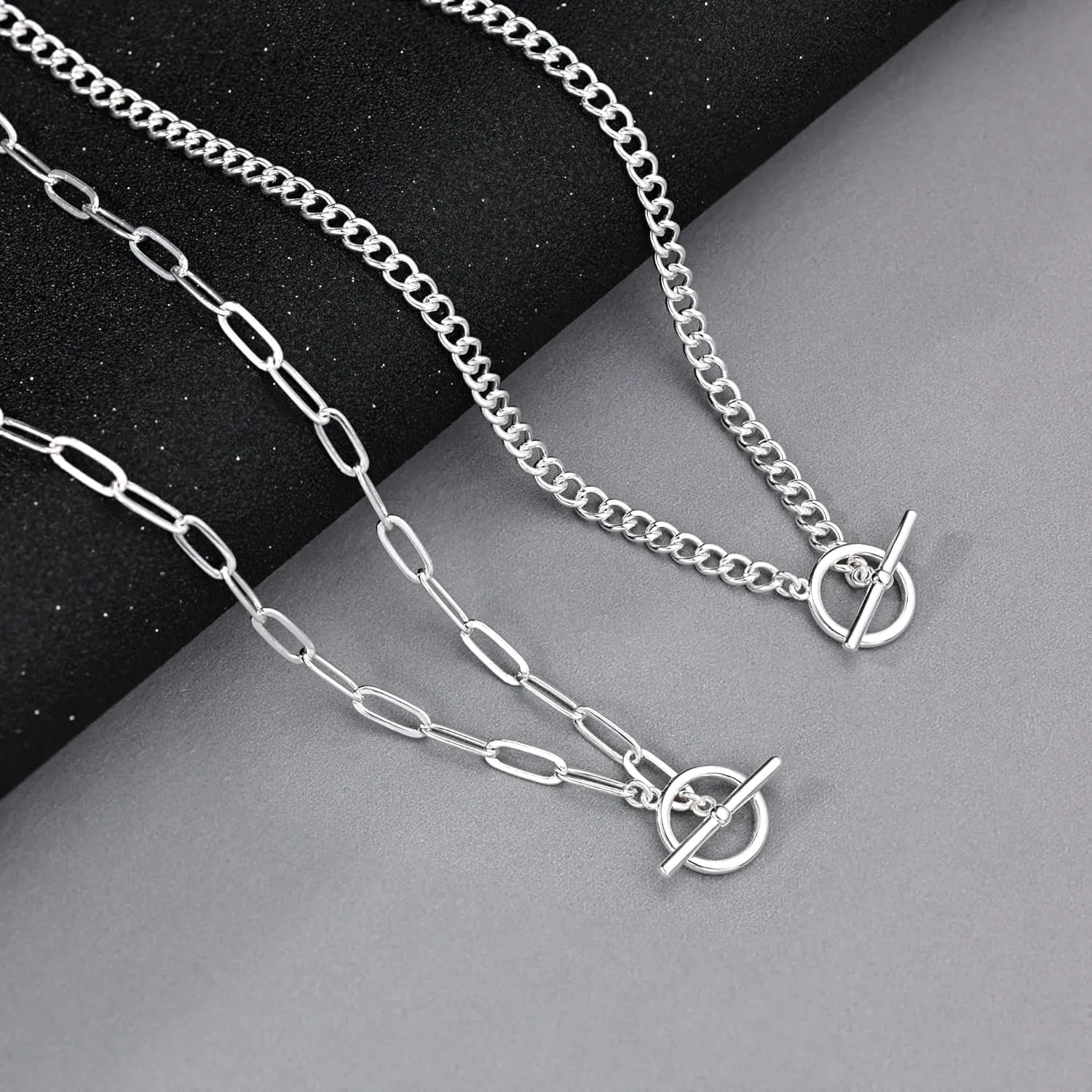CHESKY Silver Layered Necklaces for Women, 14K Gold/Silver Plated Chain Necklaces for Women Trendy Chunky Paperclip Chain Necklace Dainty Sterling Silver Toggle Necklaces Set Jewelry for Her