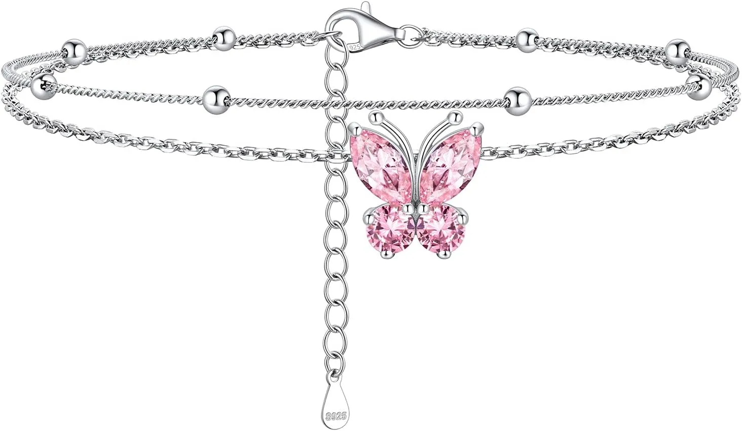 ChicSilver 925 Sterling Silver Anklets for Women Sparkling Birthstone Ankle Bracelets for Women Layered Butterfly Anklet With Beaded Anklets for Women With Gift Box