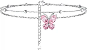 ChicSilver 925 Sterling Silver Anklets for Women Sparkling Birthstone Ankle Bracelets for Women Layered Butterfly Anklet With Beaded Anklets for Women With Gift Box