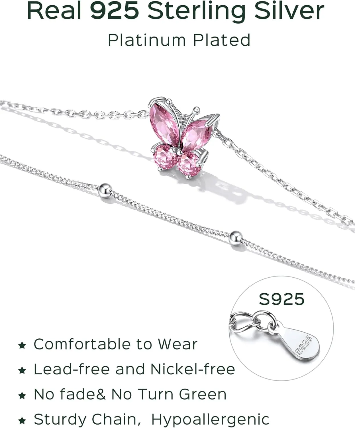 ChicSilver 925 Sterling Silver Anklets for Women Sparkling Birthstone Ankle Bracelets for Women Layered Butterfly Anklet With Beaded Anklets for Women With Gift Box