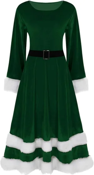 Christmas Dresses for Women Fancy Sweet Oversized Soft Patchwork Bandage Long Sleeve Asymmetric O-Neck Dress