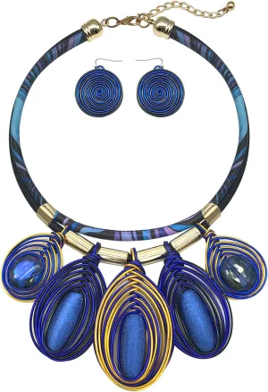 Chunky African Jewelry Statement Necklace For Women Tribal Fashion Costume Earring Set Unique Rhinestone Crystal Gold Wire Wrapped Big Wood Pendent Collar Choker Bib Handmade