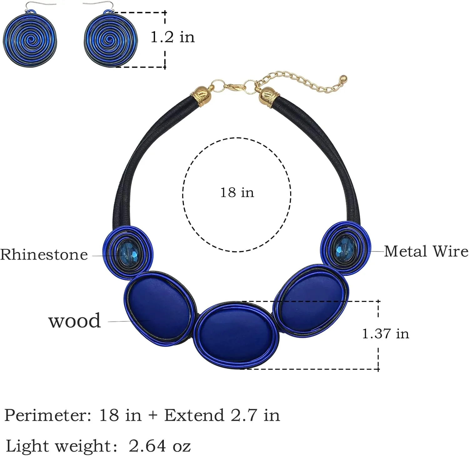 Chunky African Jewelry Statement Necklace For Women Tribal Fashion Costume Earring Set Unique Rhinestone Crystal Gold Wire Wrapped Big Wood Pendent Collar Choker Bib Handmade