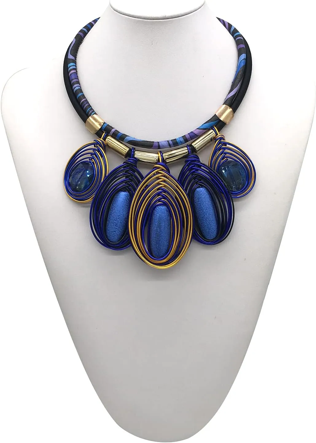 Chunky African Jewelry Statement Necklace For Women Tribal Fashion Costume Earring Set Unique Rhinestone Crystal Gold Wire Wrapped Big Wood Pendent Collar Choker Bib Handmade