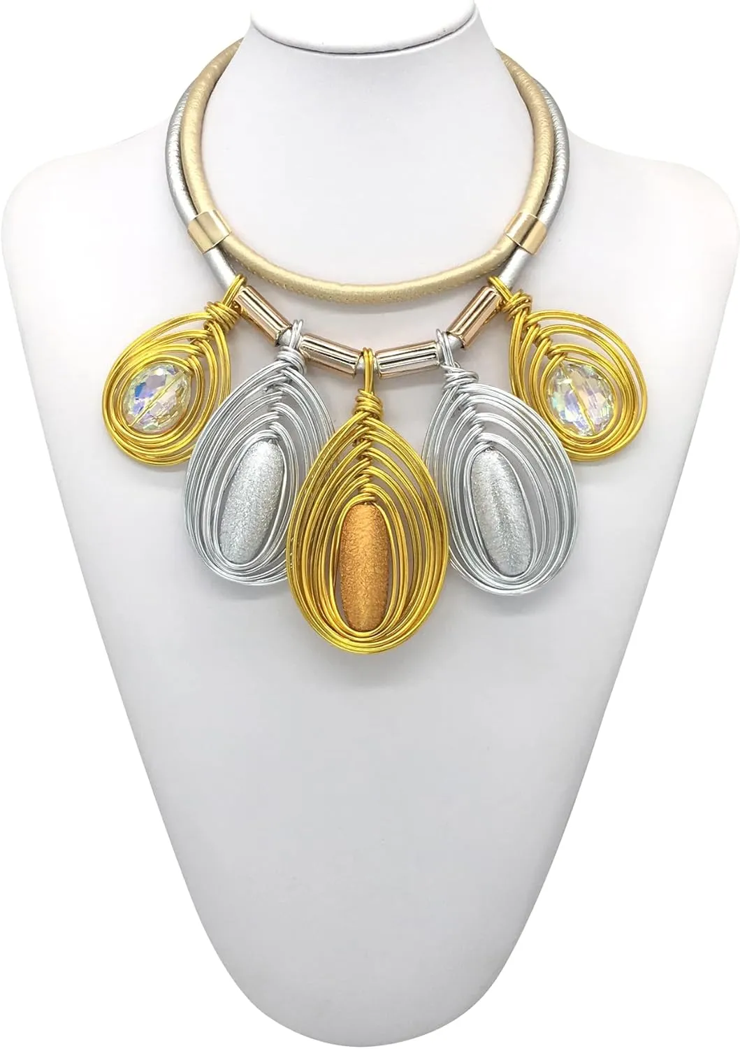 Chunky African Jewelry Statement Necklace For Women Tribal Fashion Costume Earring Set Unique Rhinestone Crystal Gold Wire Wrapped Big Wood Pendent Collar Choker Bib Handmade