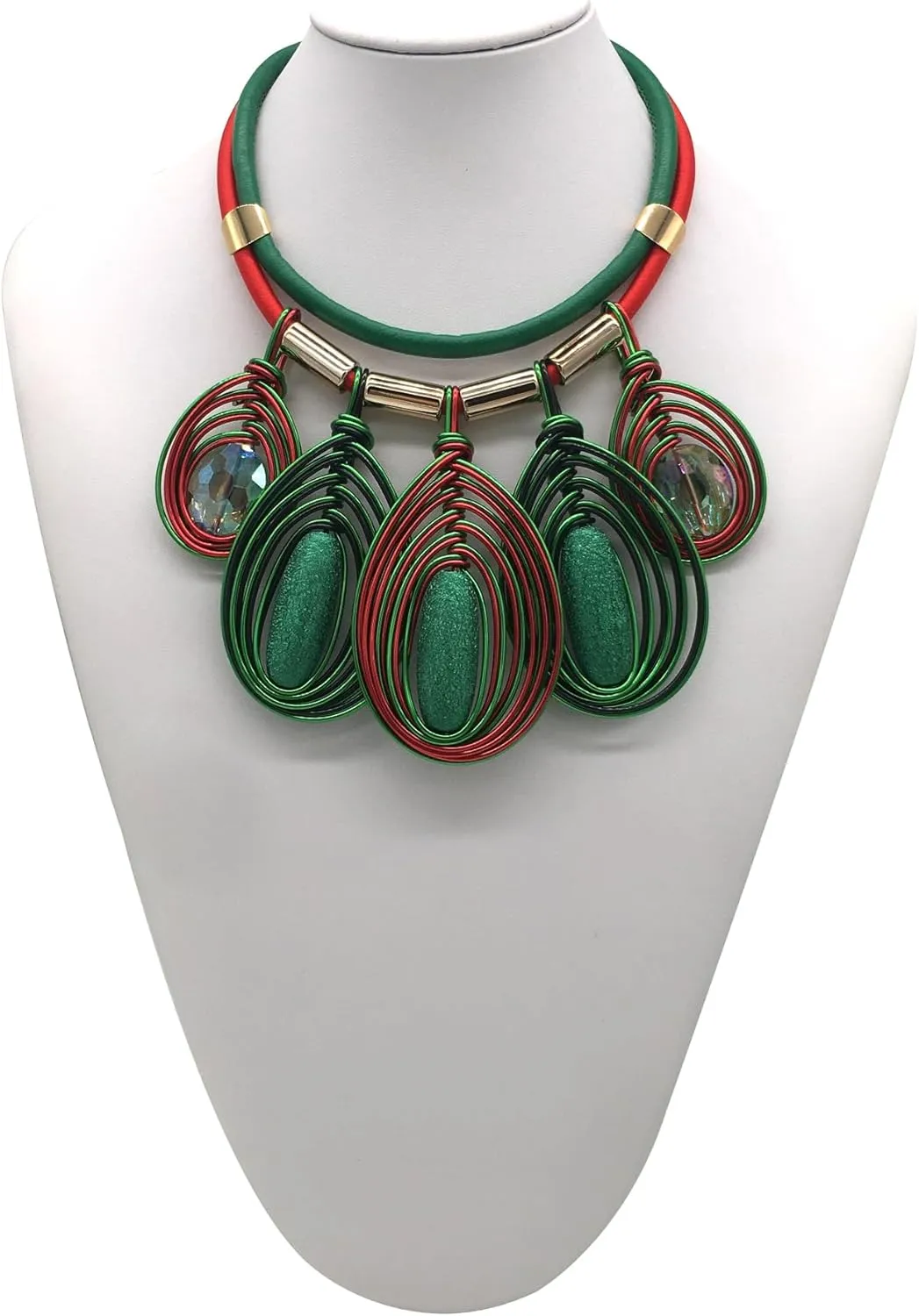 Chunky African Jewelry Statement Necklace For Women Tribal Fashion Costume Earring Set Unique Rhinestone Crystal Gold Wire Wrapped Big Wood Pendent Collar Choker Bib Handmade