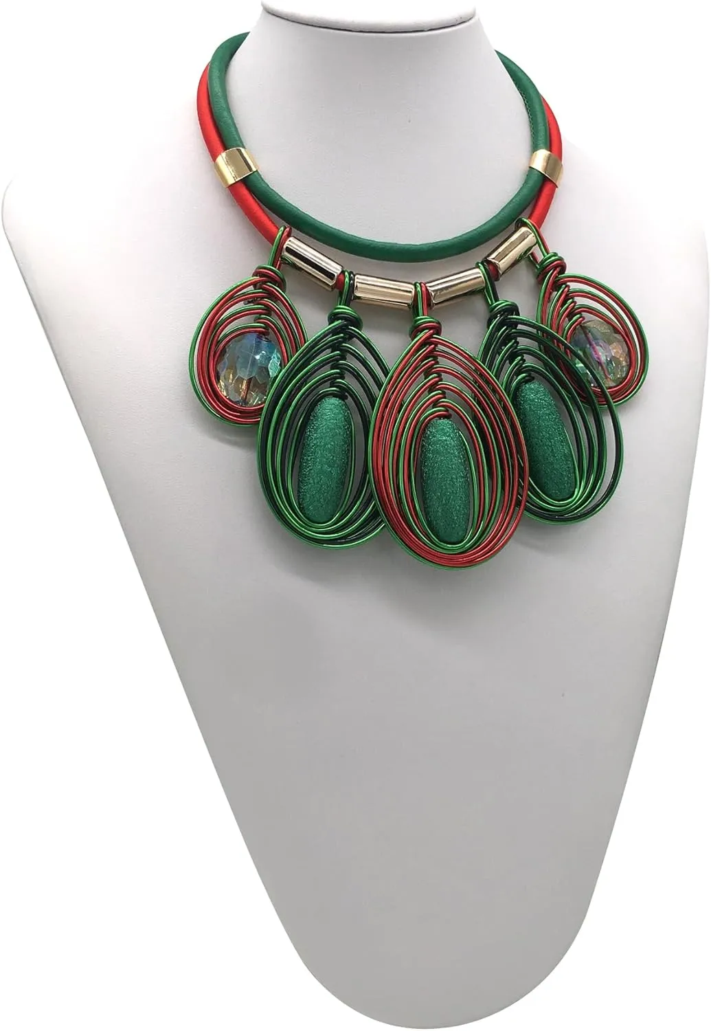 Chunky African Jewelry Statement Necklace For Women Tribal Fashion Costume Earring Set Unique Rhinestone Crystal Gold Wire Wrapped Big Wood Pendent Collar Choker Bib Handmade