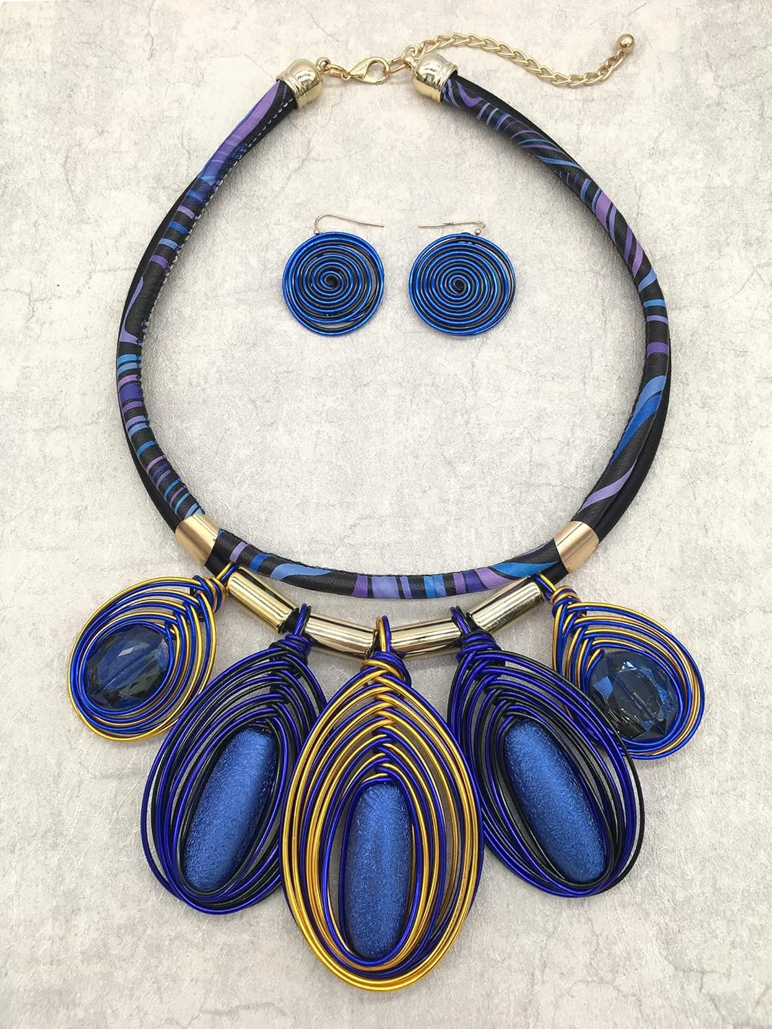 Chunky African Jewelry Statement Necklace For Women Tribal Fashion Costume Earring Set Unique Rhinestone Crystal Gold Wire Wrapped Big Wood Pendent Collar Choker Bib Handmade